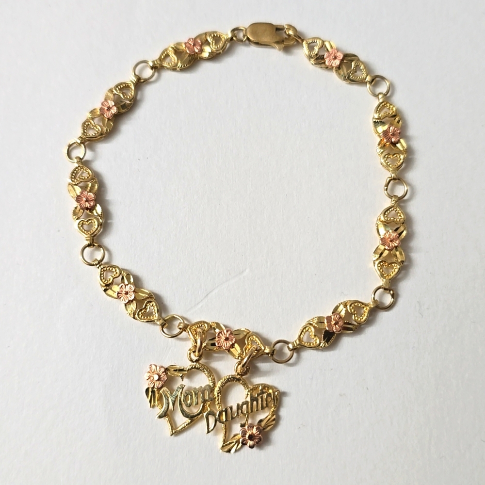 10K Gold Heart and Flower Bracelet Motif 'Mom & Daughter'